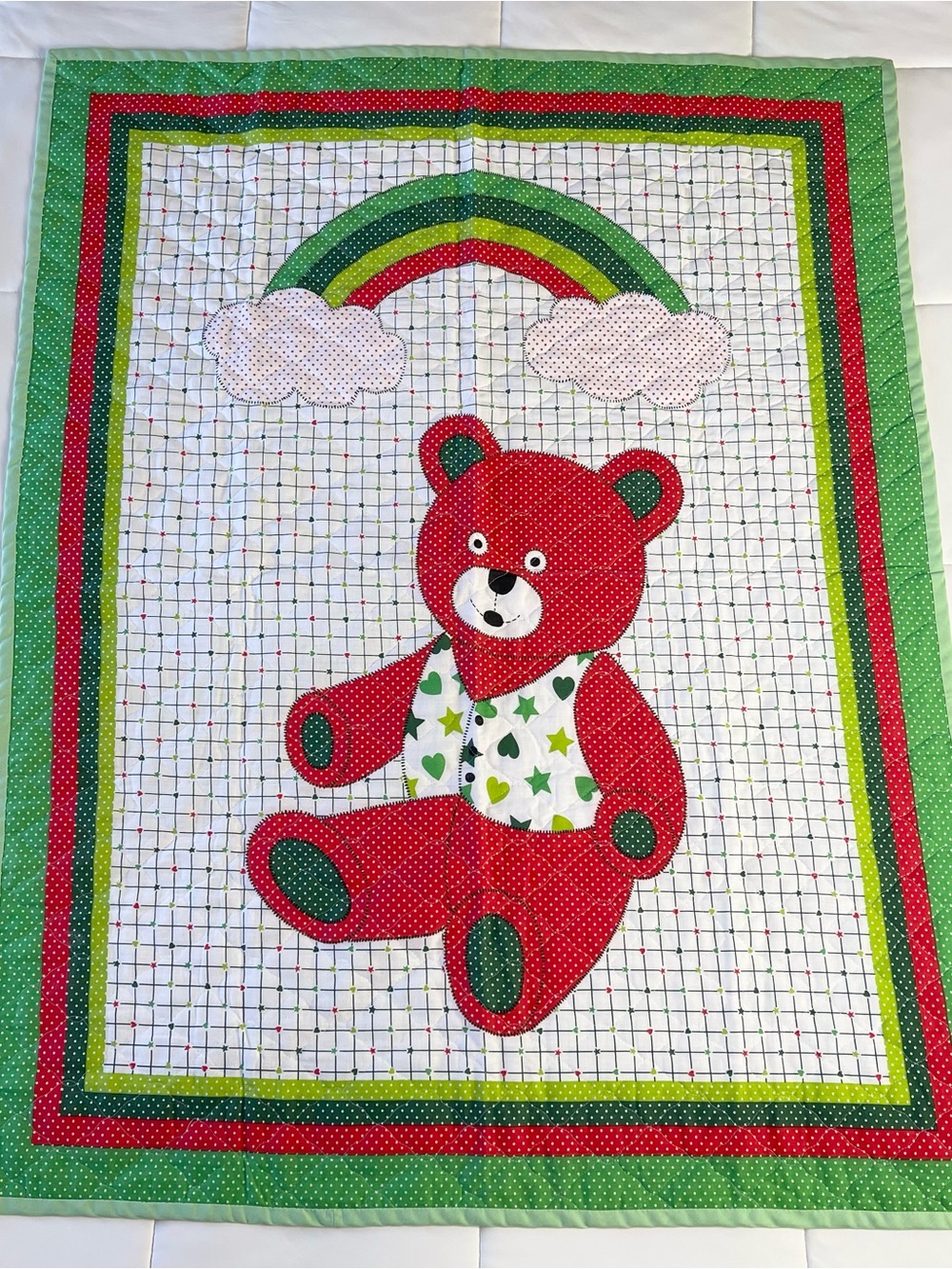 Vintage 1980s Handmade Rainbow Teddy Bear Green Red Baby Blanket 34x44"
